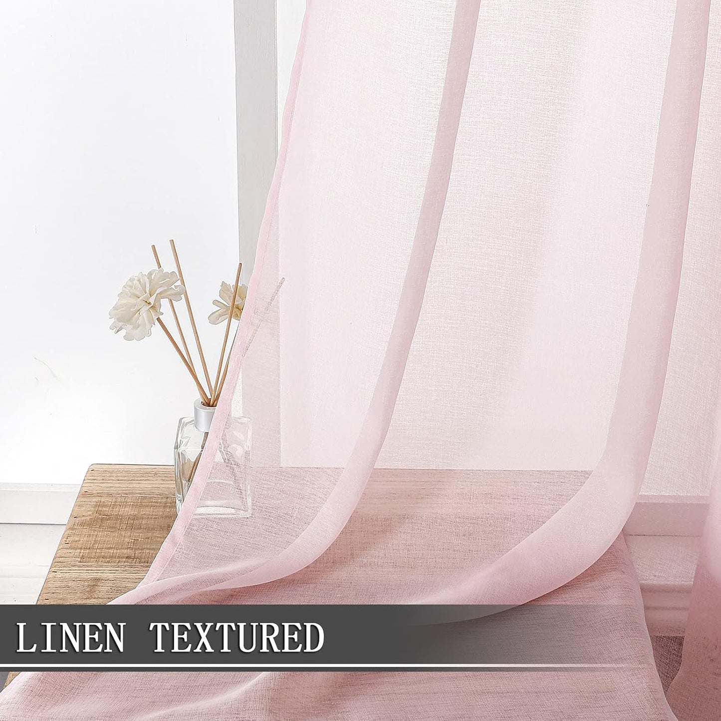 Tollpiz Short Sheer Curtain Linen Textured Bedroom Curtains Sheer Light Filtering Rod Pocket Voile Curtain for Living Room, 54 x 54 inches Long, Pink, Set of 2 Panels