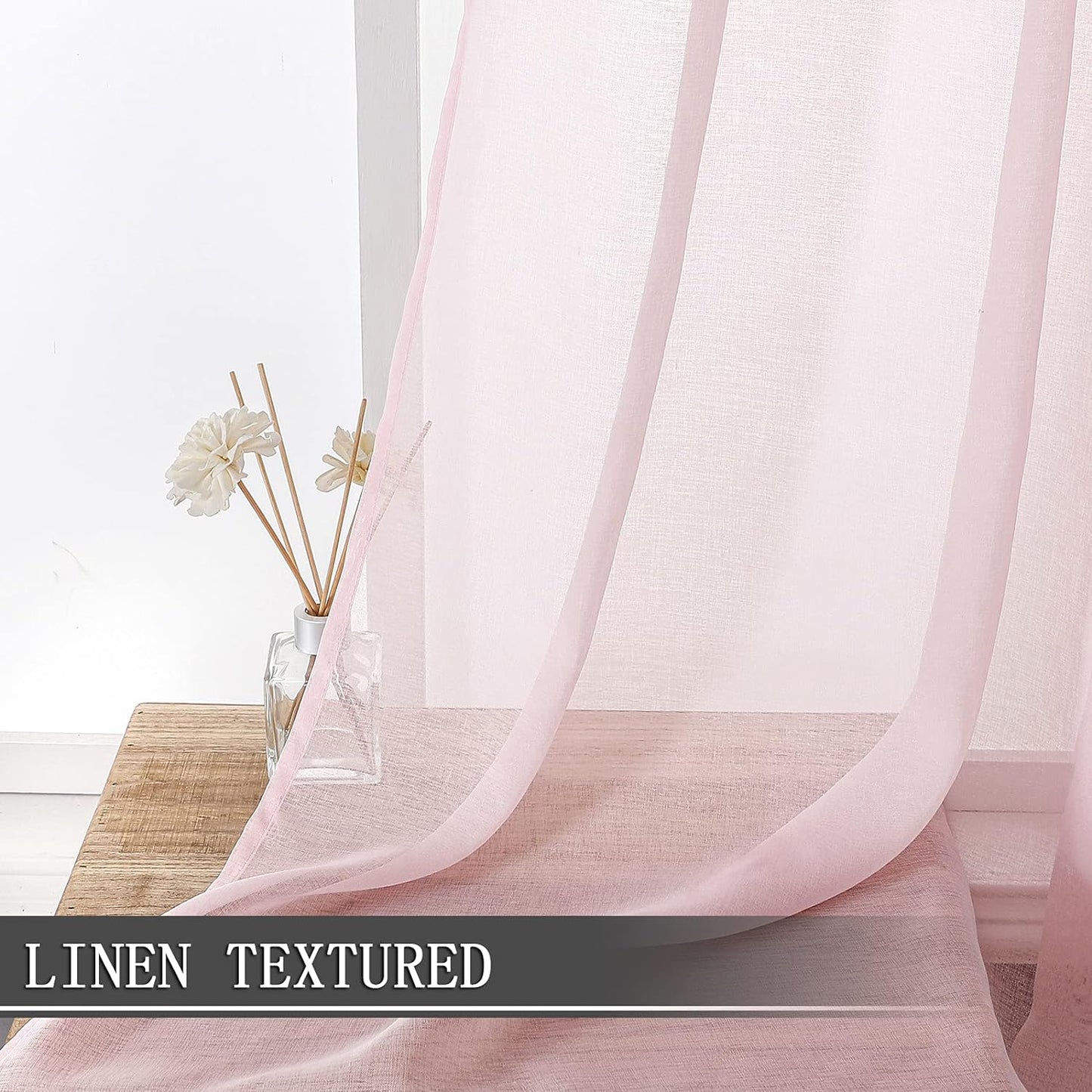 Tollpiz Sheer Curtains Linen Textured Bedroom Curtain Sheers Light Filtering Rod Pocket Voile Curtains for Living Room, 54 x 63 inches Long, Pink, Set of 2 Panels