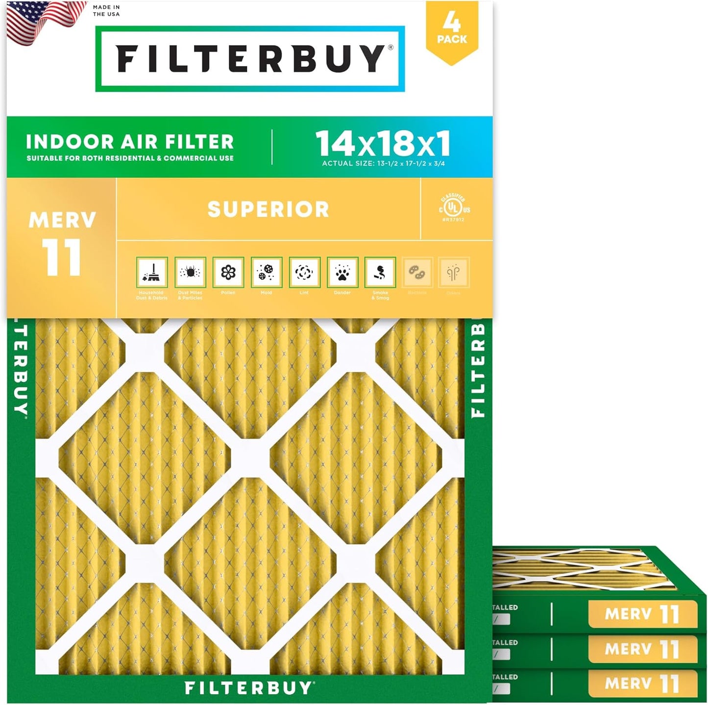 Filterbuy 14x18x1 Air Filter MERV 11 (MPR 1200) Allergen Defense Replacement (4-Pack), Electrostatic Pleated HVAC AC Furnace Filters, Made in USA (Actual Size: 13.50 x 17.50 x 0.75)
