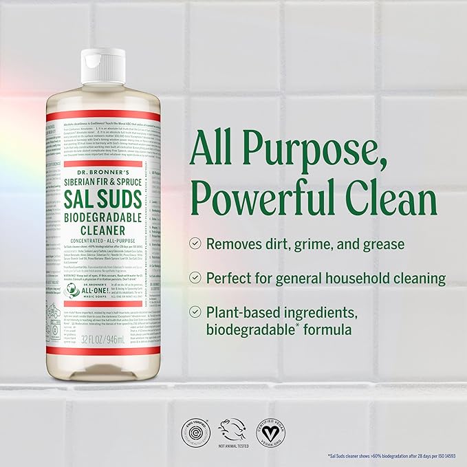 Dr. Bronner's Sal Suds Biodegradable Cleaner (32 oz) – All Purpose Pine Mop Detergent for Floors, Laundry & Dishes, Multi-Surface Concentrate, Heavy-Duty Degreaser