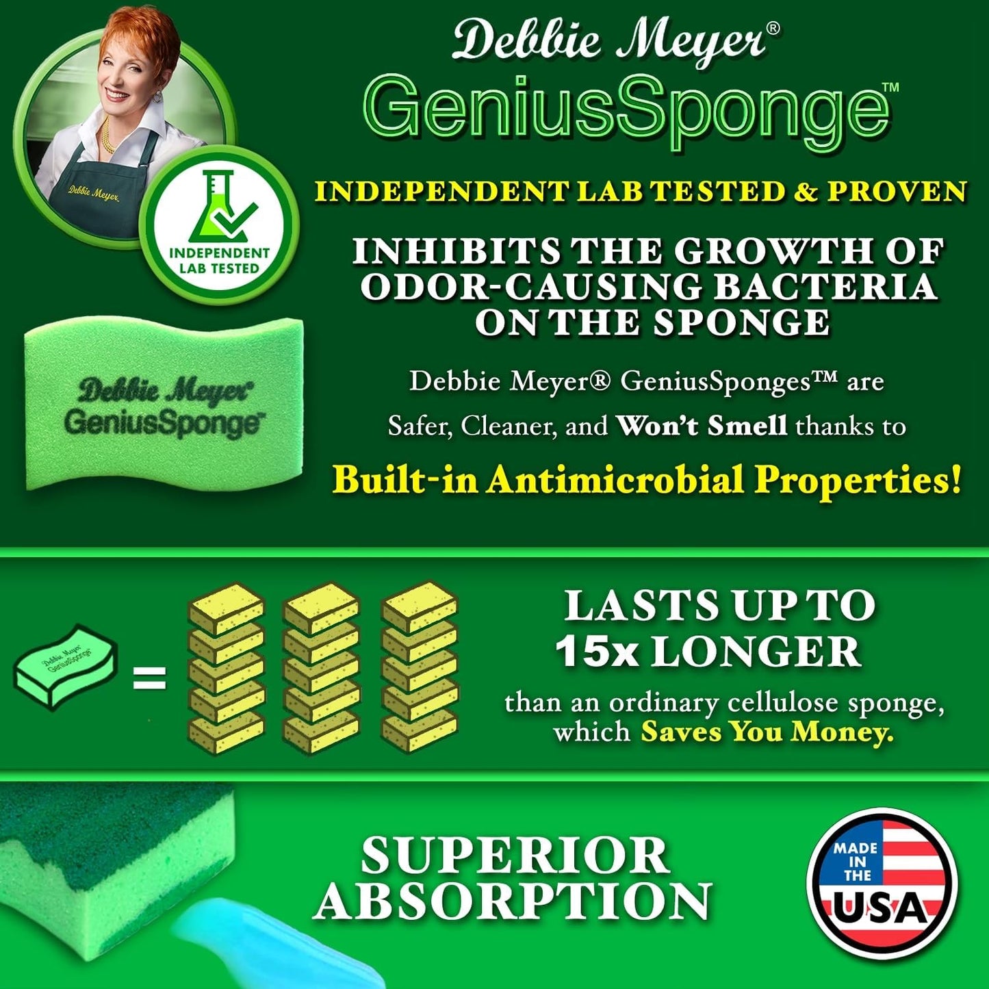 Debbie Meyer GeniusSponges-8 Scrubber Sponges with Built-in Odor Blocking Properties | Non-Scratch Multi-Surface Cleaning for Kitchens, Bathrooms, Essential for Dishes & Messes, Made in The USA