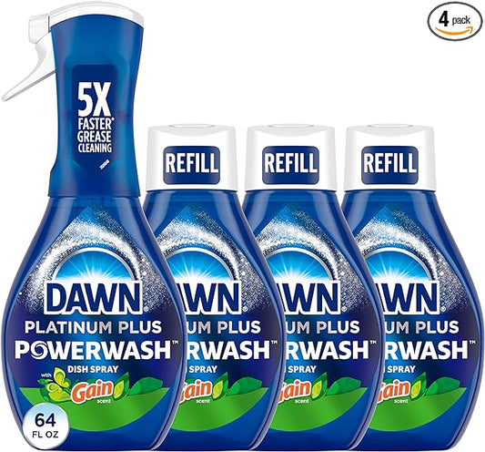 Dawn Powerwash Gain Original Dish Spray, Liquid Dish Soap, Dish Soap Refill, , 1 Starter Kit + 3 Refills, 64 Fl Oz Total (16 fl oz/bottle)