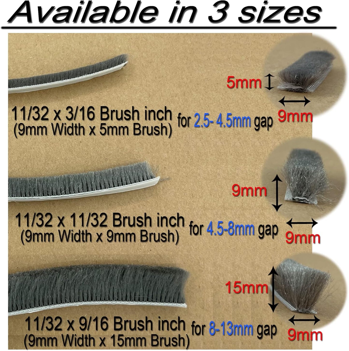 Weather Stripping Brush for Sliding Windows/Doors Frame Side,Pile Self Adhesive Weatherstrip Seal Strip Sealer Draft Stoppers (32ft x11/32 Backing x 9/16 Brush inch, Grey)