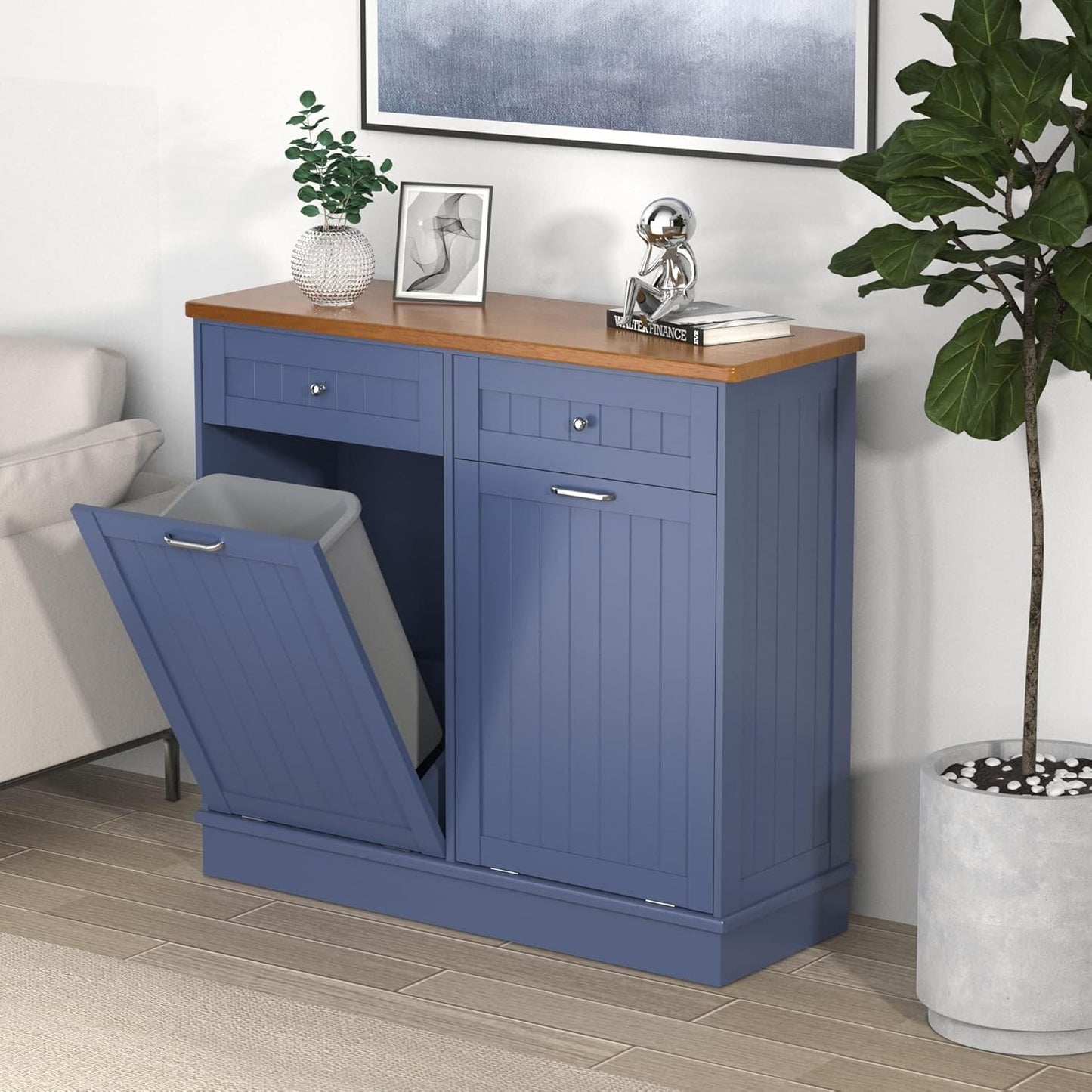 Betterhood Tilt Out Trash Cabinet 10 Gallon Wooden Free Standing Laundry Sorter Cabine,Recycling Cabine with Hideaway Drawer,Tilt Out Trash Cabinet Can Bin Kitchen