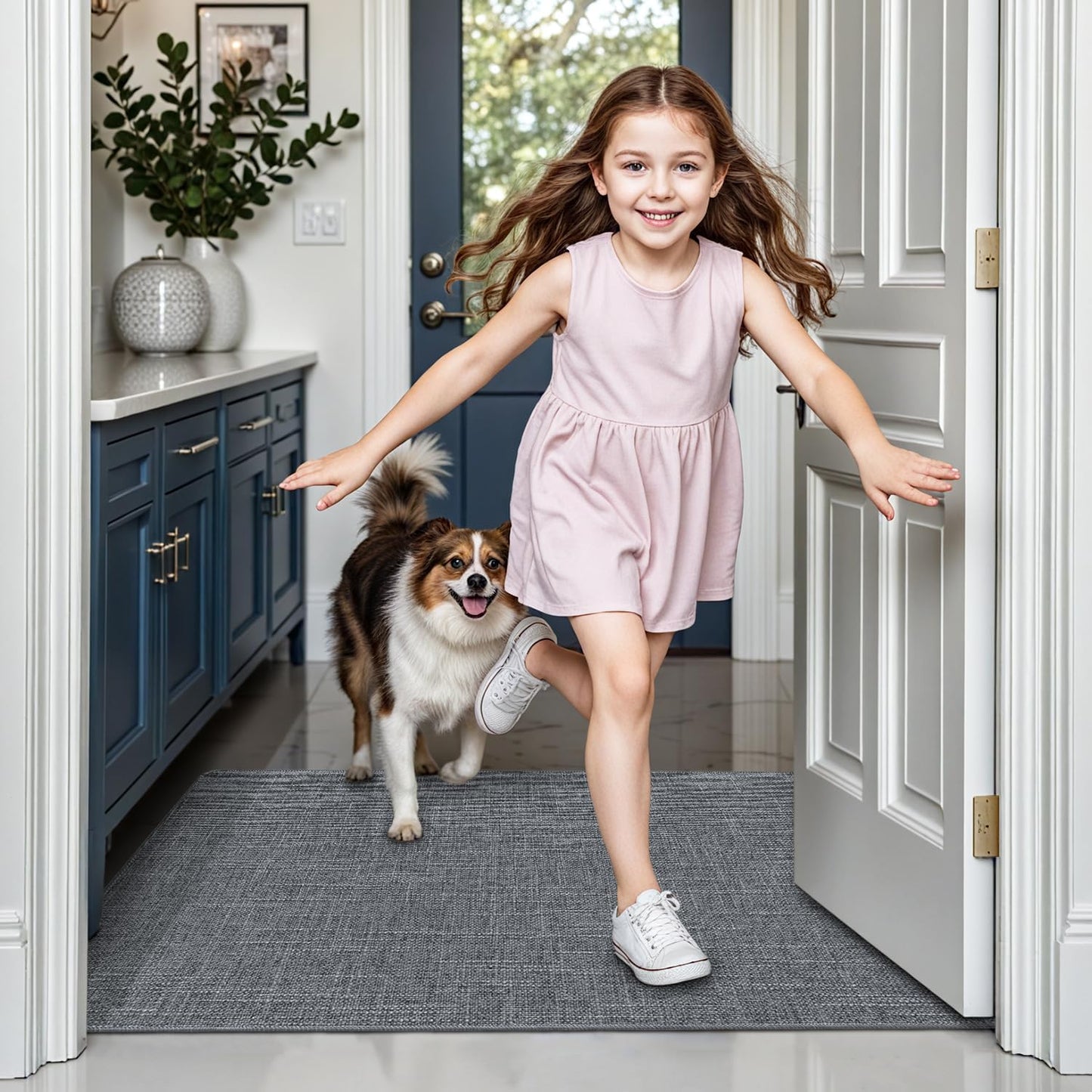 LUMI Ultra Thin Door Mat for Entryway, Low Profile Non Slip Rubber Backing Indoor Doormat, Easy Clean Welcome Entrance Mat for Inside House, Patio, Dark Grey 24"x36"