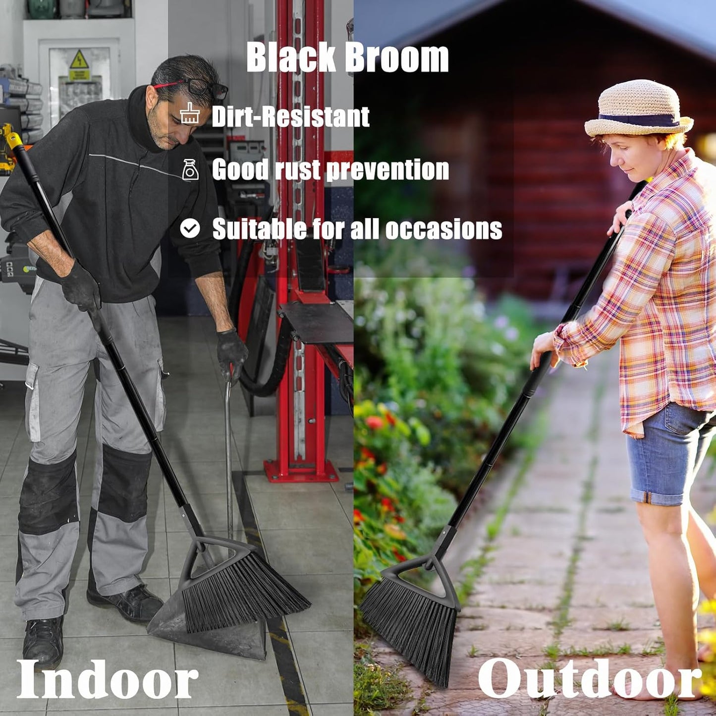 Heavy Duty Commercial Broom, 3 Pack Upgraded Angle Brooms for Sweeping Outdoor and Indoor, Perfect Black Brooms of House, Kitchen, Garage, Courtyard, Concrete