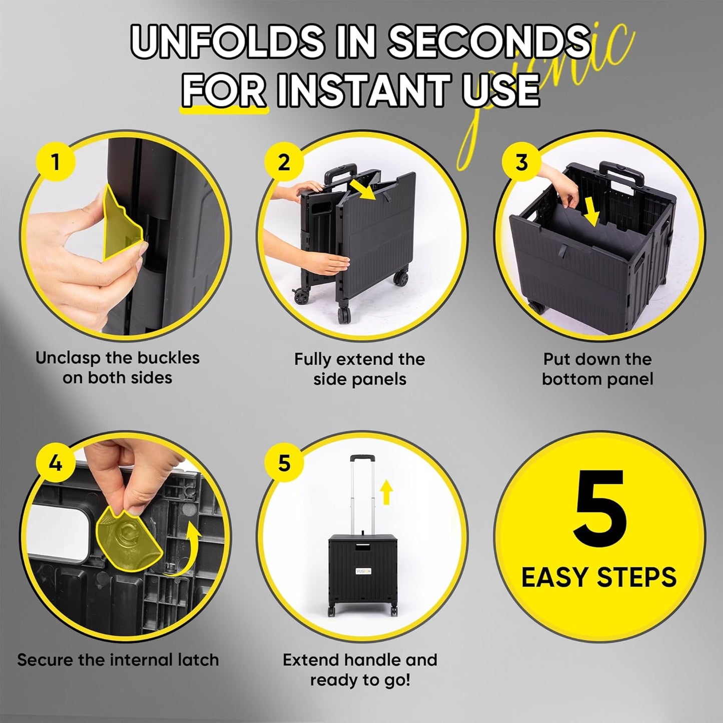 VUSIGN Folding Utility Cart, Foldable Rolling Crate Handcart with Lid, Portable Collapsible Shopping Trolley Tool Box, 4 Rotate Wheels for Grocery, Office, Travel, Teacher, Luggage, Black