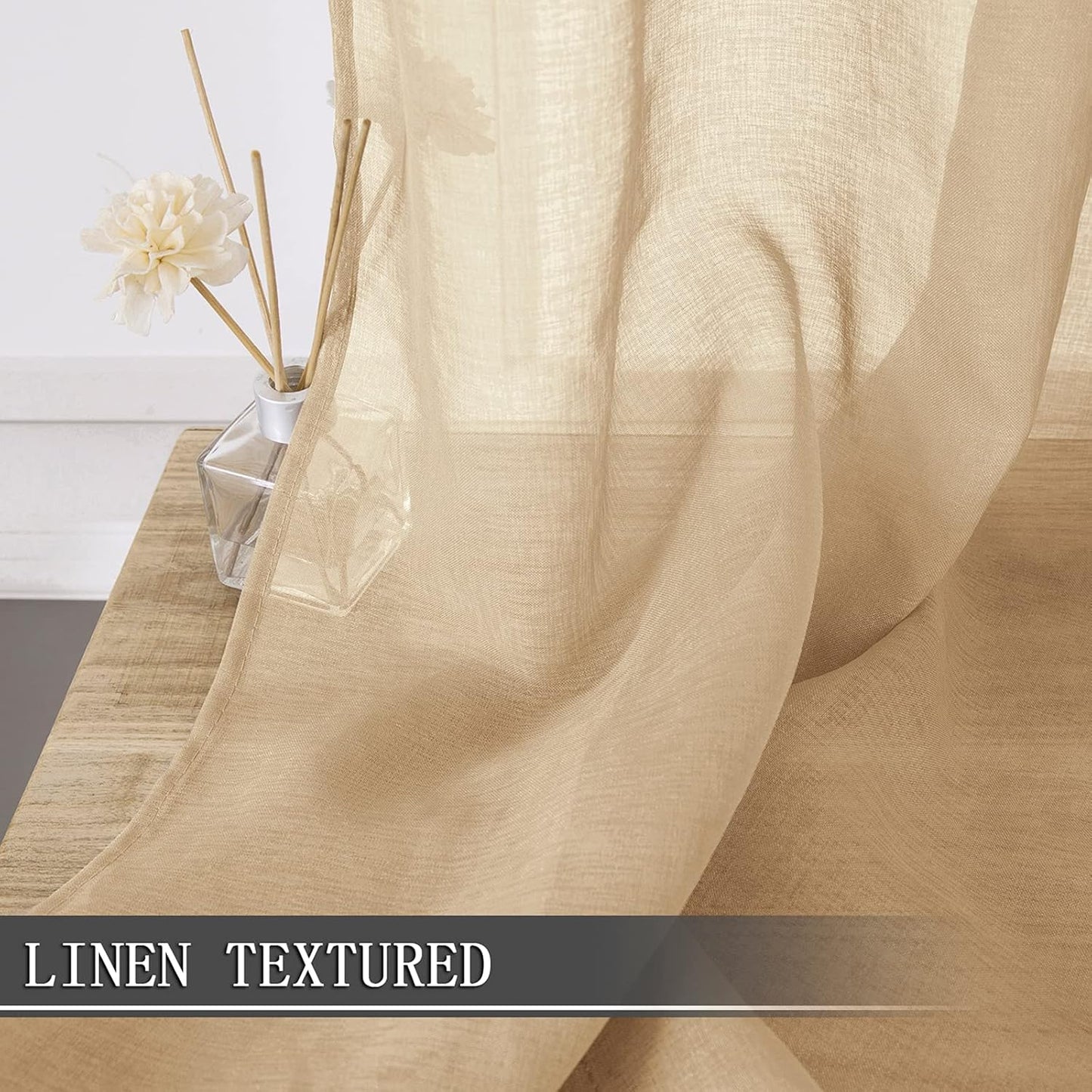 Tollpiz Short Sheer Tier Curtains Linen Textured Half Kitchen Curtain Sheers Light Filtering Rod Pocket Voile Small Curtain for Bathroom, 25 x 24 inches Long, Beige, Set of 2 Panels