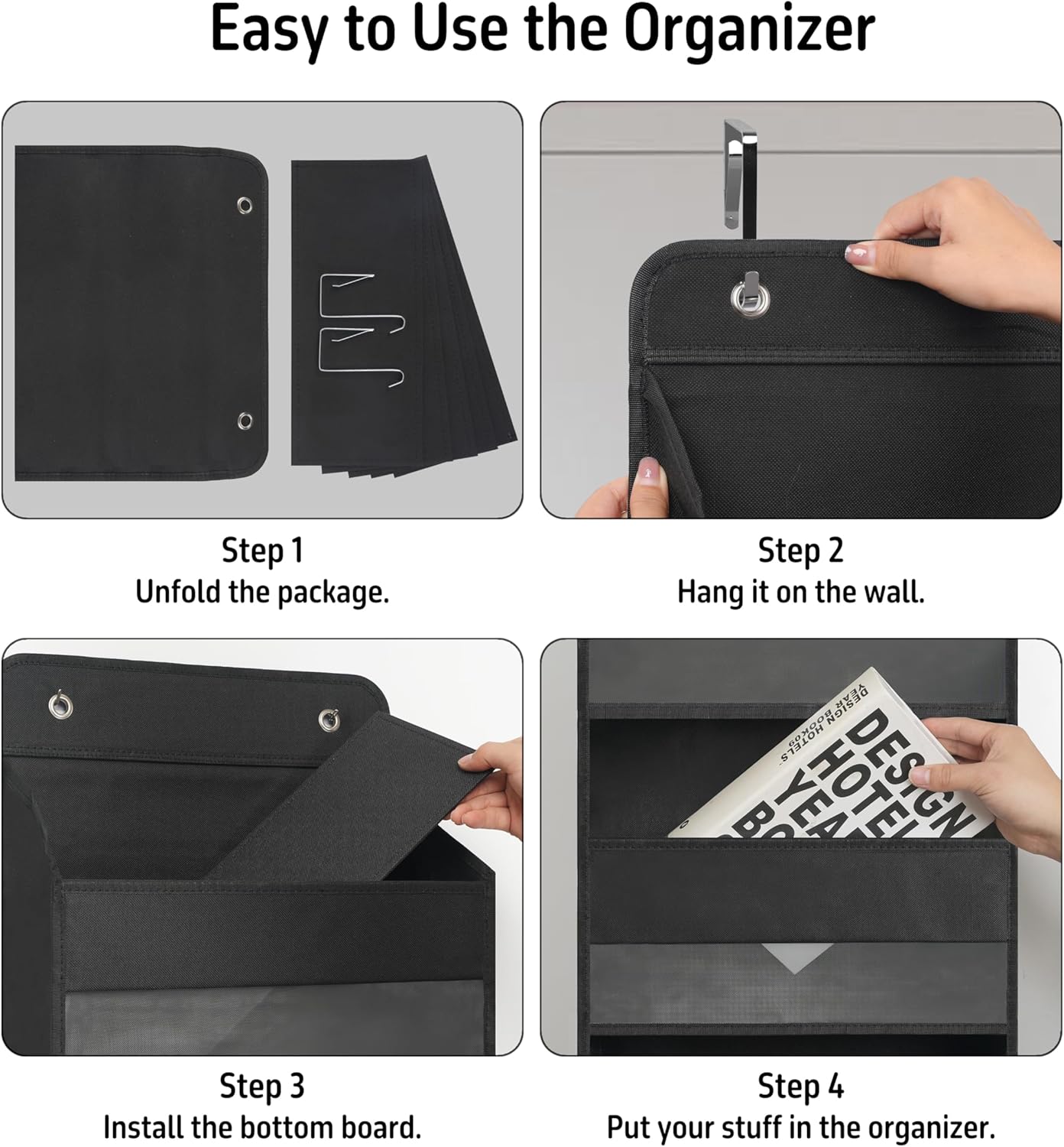 Over The Door Hanging Organizer with 4 Large Pockets – Closet, Bathroom, Nursery, Bedroom, Dorm Storage for Toys, Cosmetics, and Baby Essentials, Black