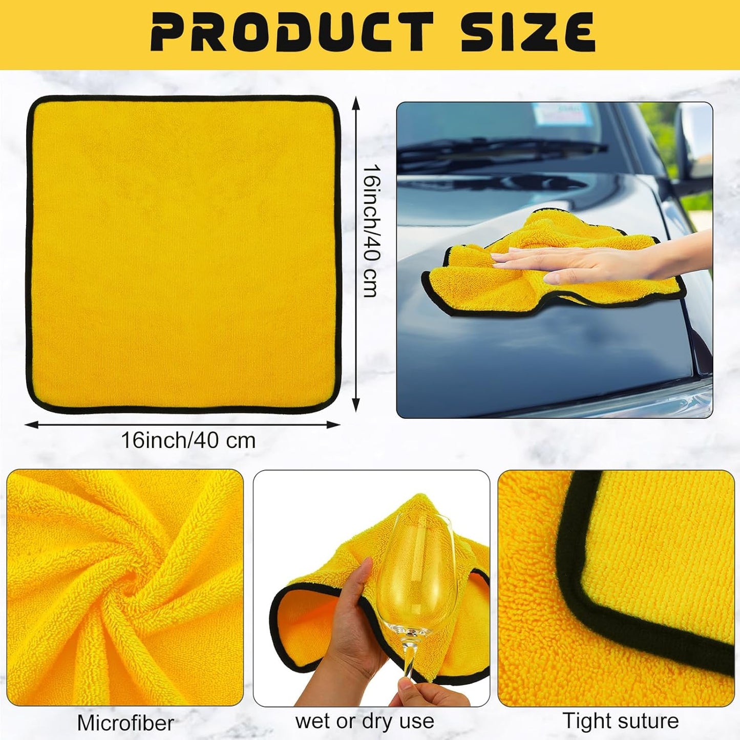 Tallew 60 Pcs Microfiber Towels 16 Inch x 16 Inch Microfiber Cloth Car Drying Towels for Cars Washing Polishing Office Windows Cleaning Household Supplies (Yellow)