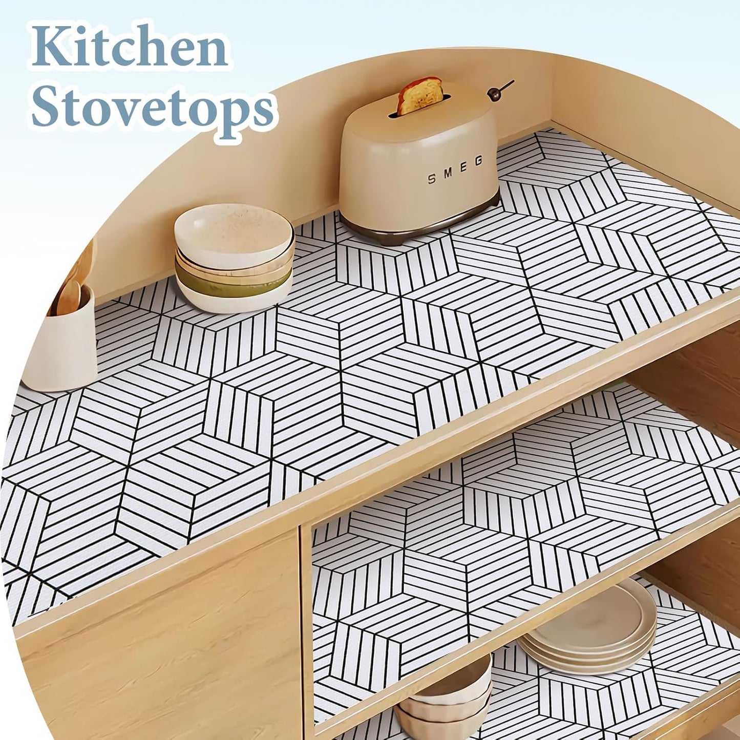 Shelf Liners for Kitchen Cabinets Non Adhesive Shelf Liner Paper Non-Slip Thickened Drawer Liner Easy to Clean for Tool Box Refrigerator with Knife and Tape Measure, Black Geometric, 17.3 x 354.3 in