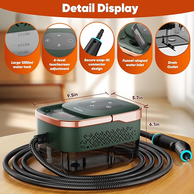 Steam Cleaner, 2500W Home Handheld Grout Steam Cleaning Machine with 1.32QT Transparent Tank & 10 Attachments for Range Hood, Stove, Tile, Upholstery, Car Detailing & More (Green/Gold)