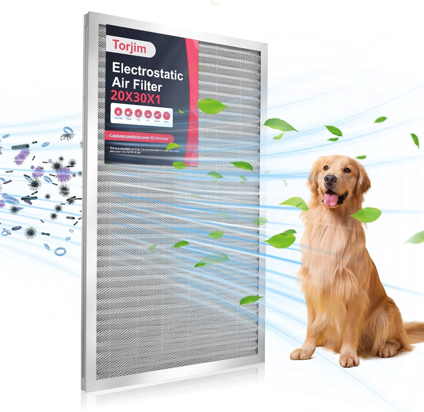 Torjim 20x30x1 Air Filter-MERV8, Washable & Reusable Electrostatic Air Filter, AC/HVAC Furnace Filter, Permanent Air Filter, Breathe Fresher, Easy Install