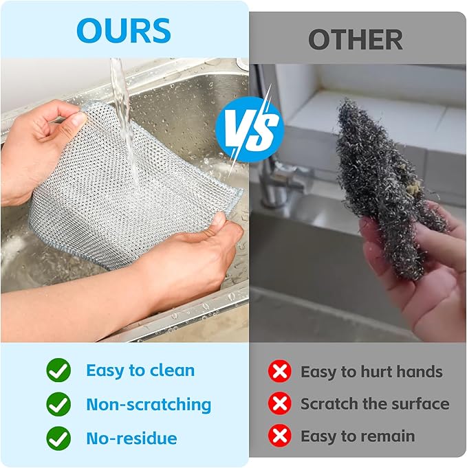 12Pack Multipurpose Wire Dishwashing Rags, Upgrade Non Scratch Wire Dishcloth, for Wet and Dry Use, Reusable Metal Scrubbing Microfiber Clean Cloths for Home/Kitchen/Stove