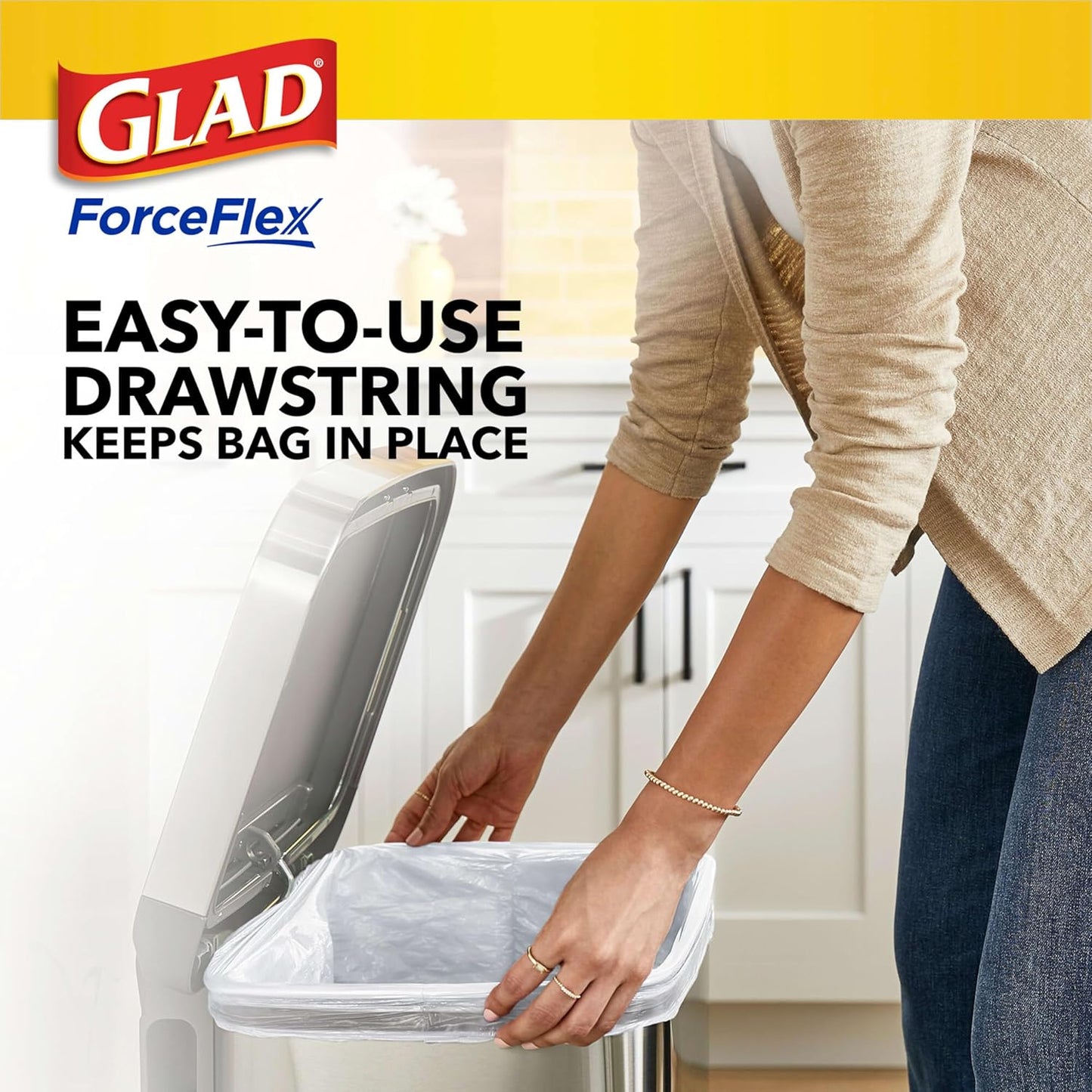 Glad ForceFlex Tall Kitchen Drawstring Trash Bags, 13 Gal, Fragrance Free, 80 Ct (Package May Vary)