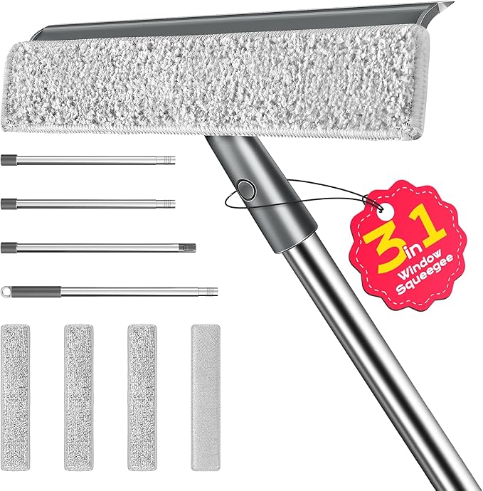 Window Squeegee for Home, Window Cleaner Tool with Extension Pole, Squeegee for Window Cleaning with 3 Microfiber Cloths and Screen Brush, Window Cleaning Kit for Car Windshield, Shower Glass Doors