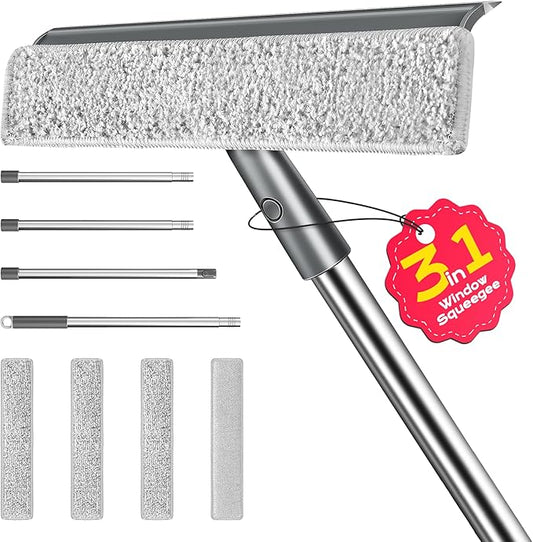 Window Squeegee for Home, Window Cleaner Tool with Extension Pole, Squeegee for Window Cleaning with 3 Microfiber Cloths and Screen Brush, Window Cleaning Kit for Car Windshield, Shower Glass Doors