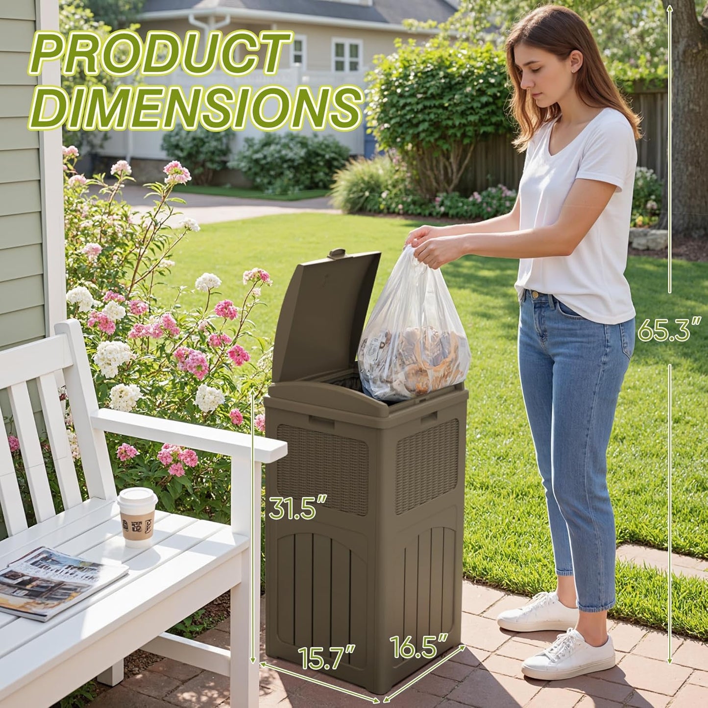 Greesum 33 Gallon Resin Outdoor Trash Can with Lid, Waterproof Resin Garbage Bin for Hideaway, Patio, Deck, 3 Pack, Light Brown
