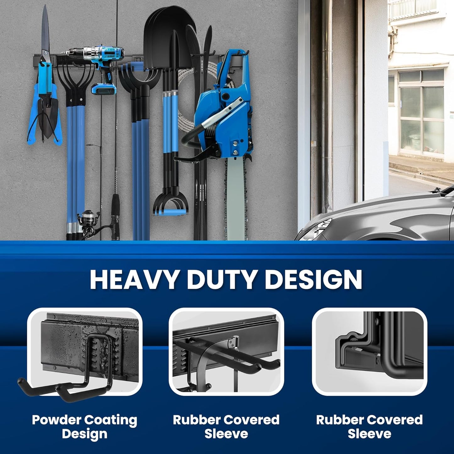 48'' All-Metal Garage Tool Organizer Wall Mount – Heavy-Duty Tool Rack Holds 450 lbs, Adjustable Hooks for Garage, Yard, and Garden Equipment