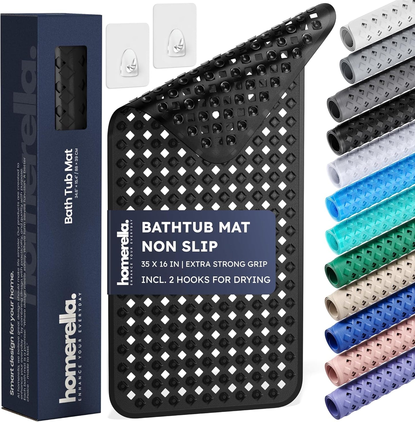 homerella® Bathtub Mat Non Slip 35x16, Incl. Hooks for Drying, Extra Long, 100% BPA Free, Shower Mat Non Slip Anti Mold, Machine Washable, Shower Mats for Inside Shower Mildew Resistant