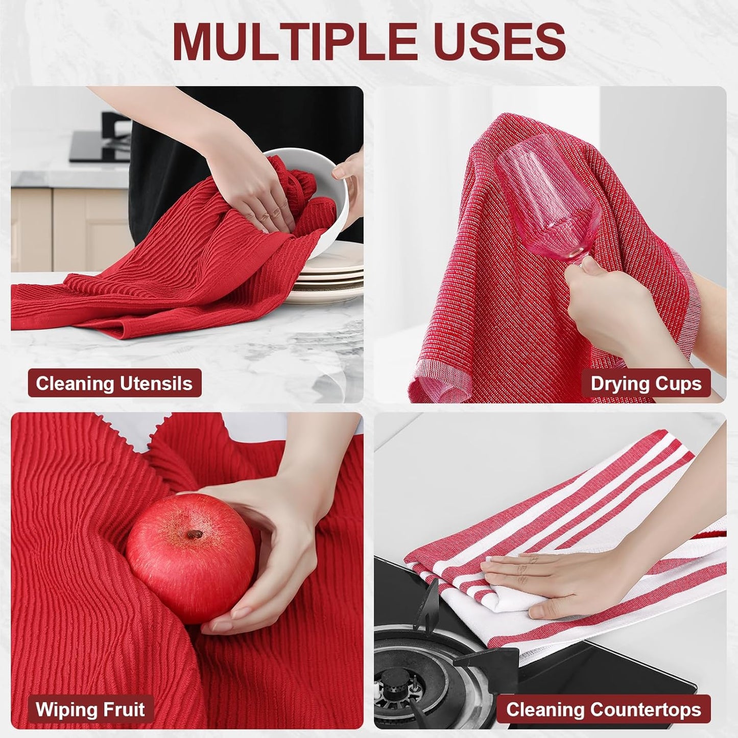 Homaxy Premium Kitchen Towels(18”x 28”, 3 Pack), Large Cotton 380 GSM Kitchen Hand Towels, Soft and Absorbent Terry Dish Towels, Multipurpose Tea Towel Set with Hanging Loop, Red