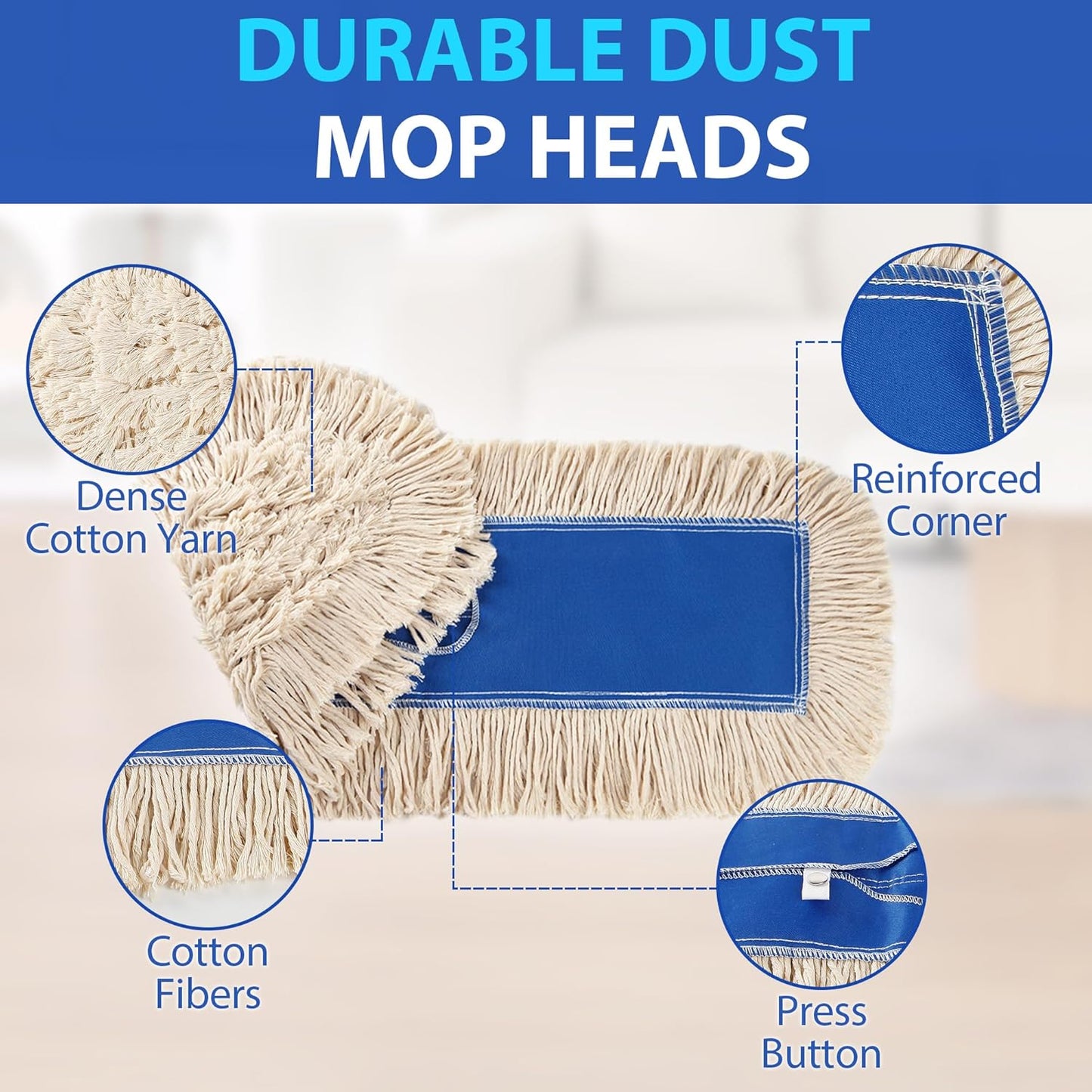 2 Pack - 24" Wide X 5 Cotton Floor Dust Mop Head Refill Short Fiber for Easy Sweep - Replacement Replacement Head for Home & Commercial Use