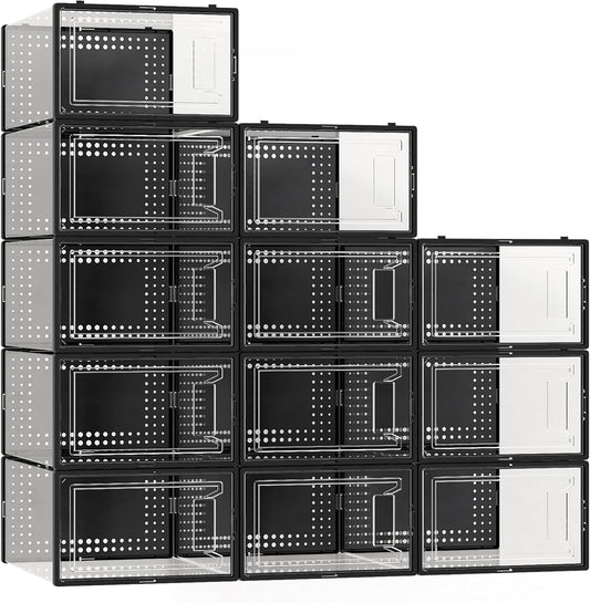 12 Pack Large Shoe Organizer Storage Boxes for Closet, Modular Space Saving Shoe Boxes Clear Plastic Stackable Sneaker Containers Display Case with Lids, Black05
