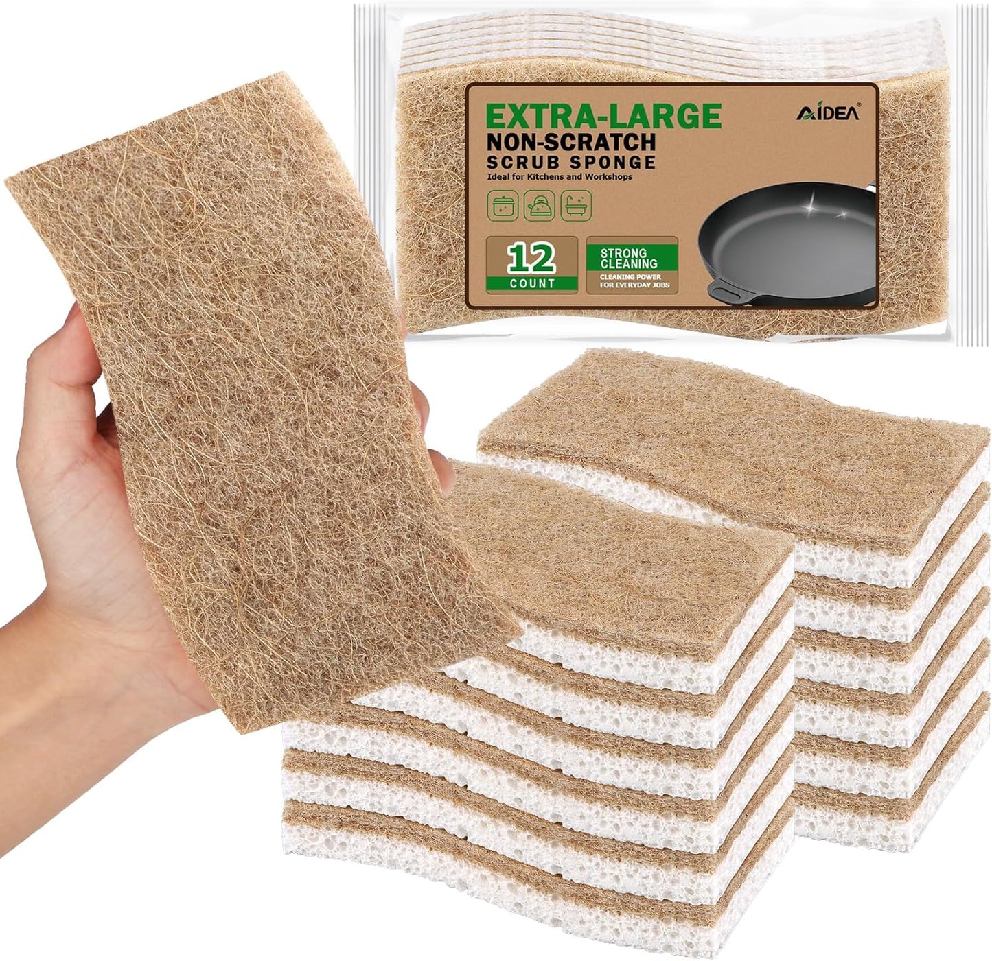 AIDEA XL Sponges Kitchen, 12Count, Non-Scratch Scrub Sponge, Large Natural Sponge for Non Stick Cookware, Cellulose Cleaning Sponge for Dishes, Kitchen, Bathroom, Household