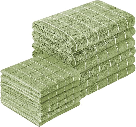 Microfiber Kitchen Towels and Dishcloths Set, 26 X 18 Inch and 12 X 12 Inch, Set of 12 Bulk Lint Free Dish Towels for Drying Dishes, Olive Green
