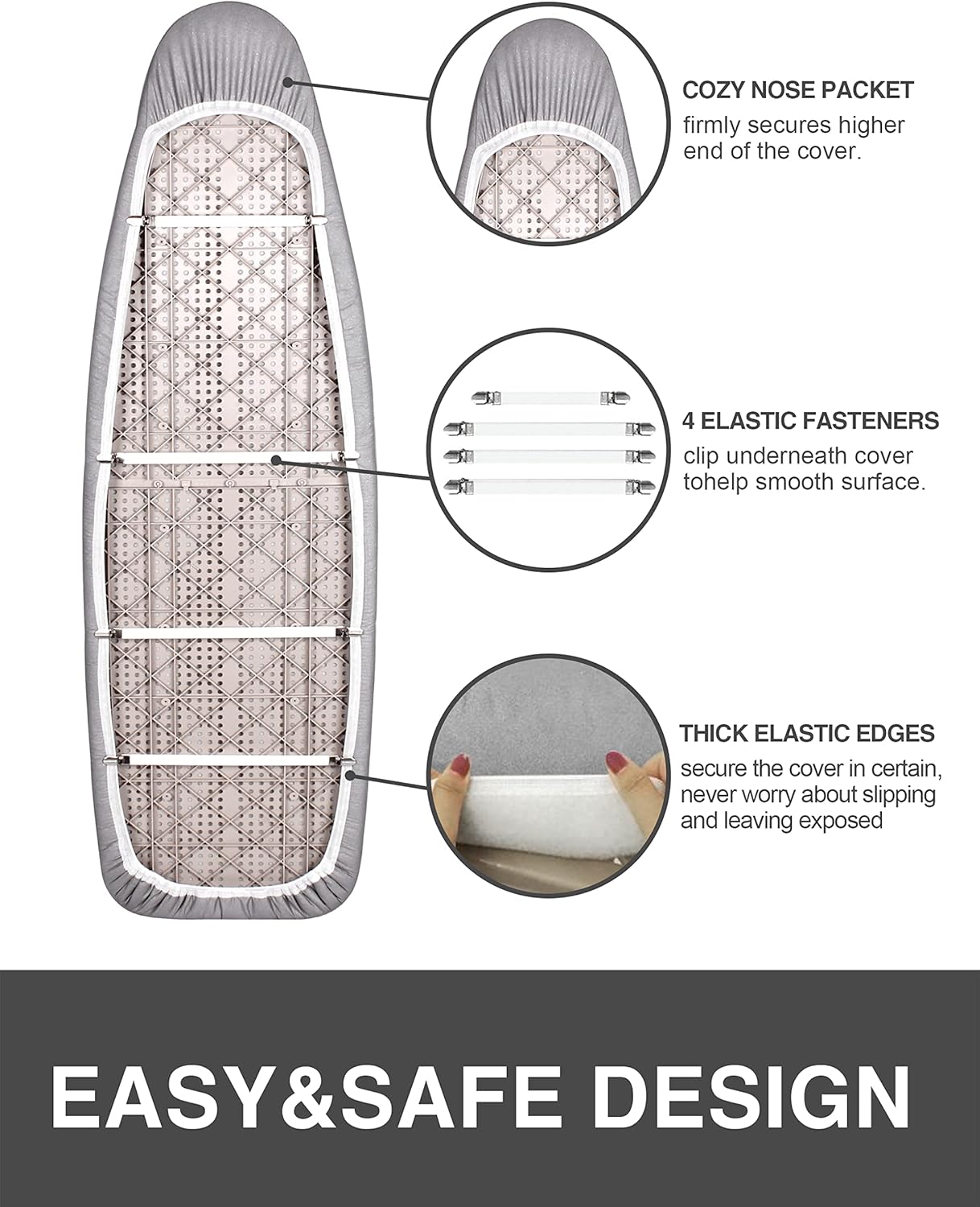 Extra Wide Ironing Board Cover and Pad, Sunkloof 18X49 Ironing Board Cover, Resist Scorching and Staining, Extra Thick Reflective Silicone Ironing Board Cover with Padding, Elastic Edges, 4 Fasteners