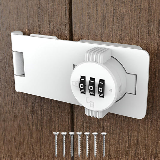 Keyless Combination Lock - 3-Digit Combination Lock for Doors - Twist Knob Hasp Latch Lock with Password Code - Zinc Alloy Door Latch for Kitchen Drawers, Cabinets, Cupboard (White)