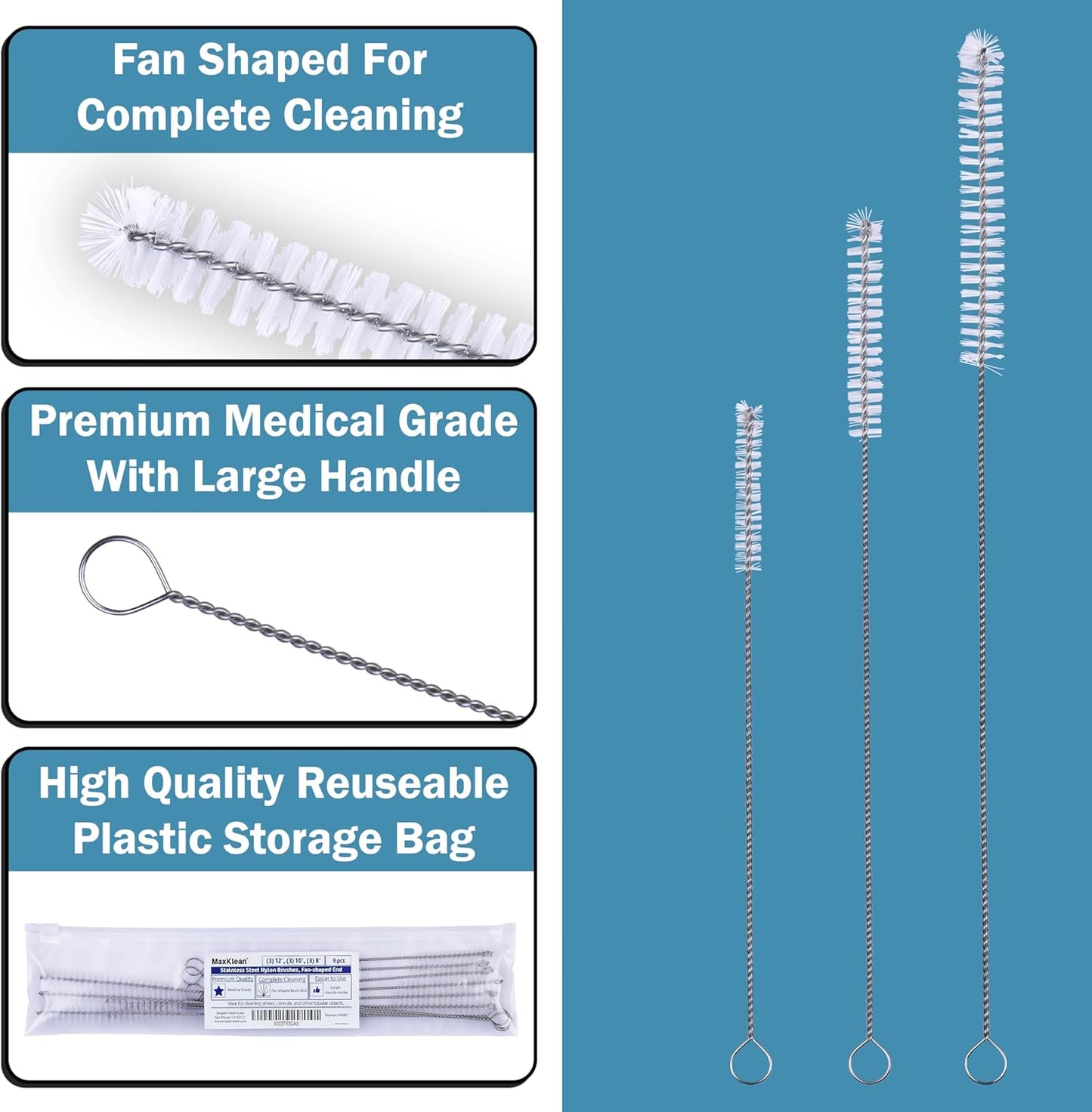 Strong 'n Flex Nylon Straw Cleaner Brushes – Fan-Shaped End for Tight Spaces, Ideal for Reusable Straws, Water Bottles, Sippy Cups & Pipes – Includes Zippered Pouch – 8" Long – Set of 8