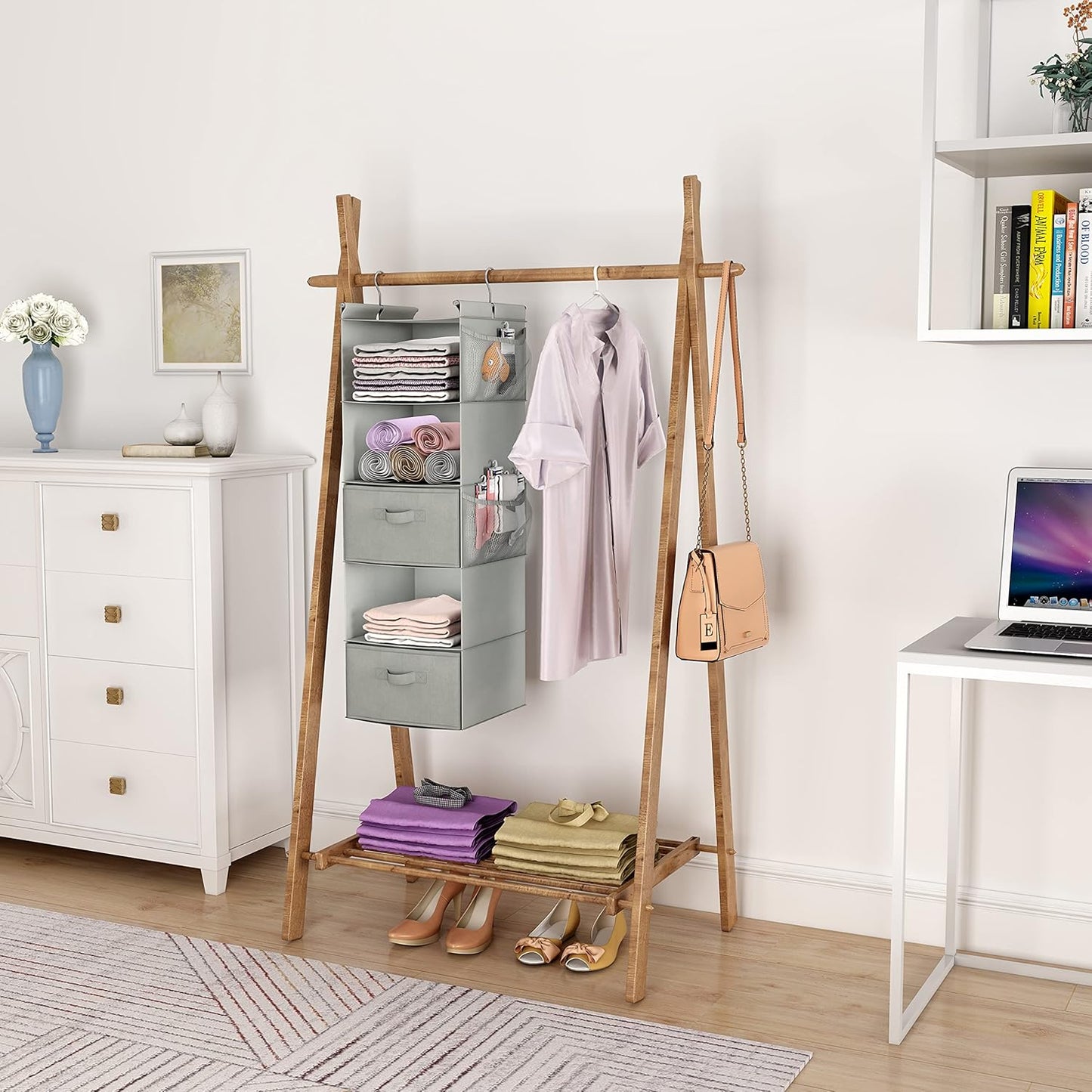 MAX Houser 5 Tier Shelf Hanging Closet Organizer, Cloth Hanging Shelf with 2 Sturdy Hooks for Storage, Foldable (Light Grey-D2)