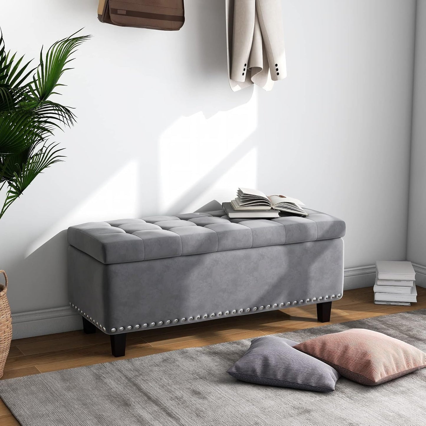 Ottoman with Storage, Storage Ottoman Bench with Button-Tufted, Upholstered End of Bed Bench with Wooden Legs for Bedroom, Entryway (Grey, Set of 1)