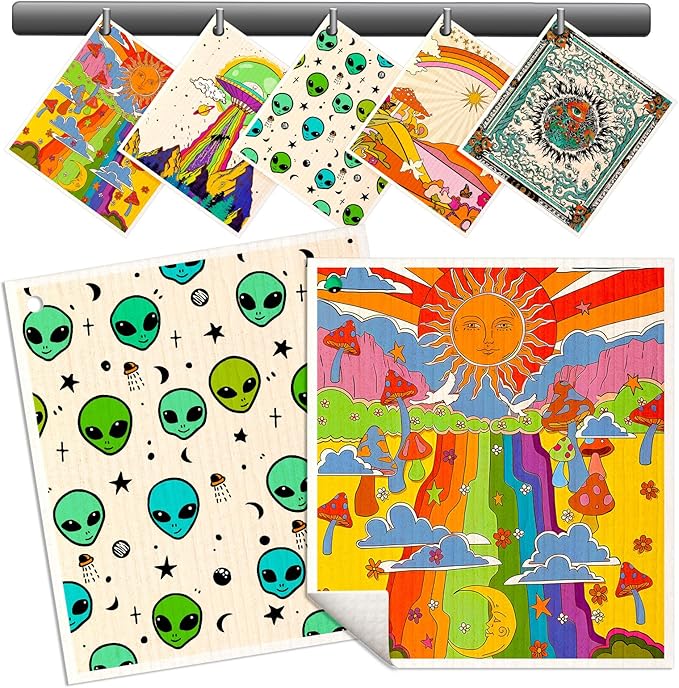 Swedish Dishcloths for Kitchen - 5 Pack Reusable Dish Cloths for Washing Dishes Absorbent Cute Funny Kitchen Towels Cleaning Sponge, Alien