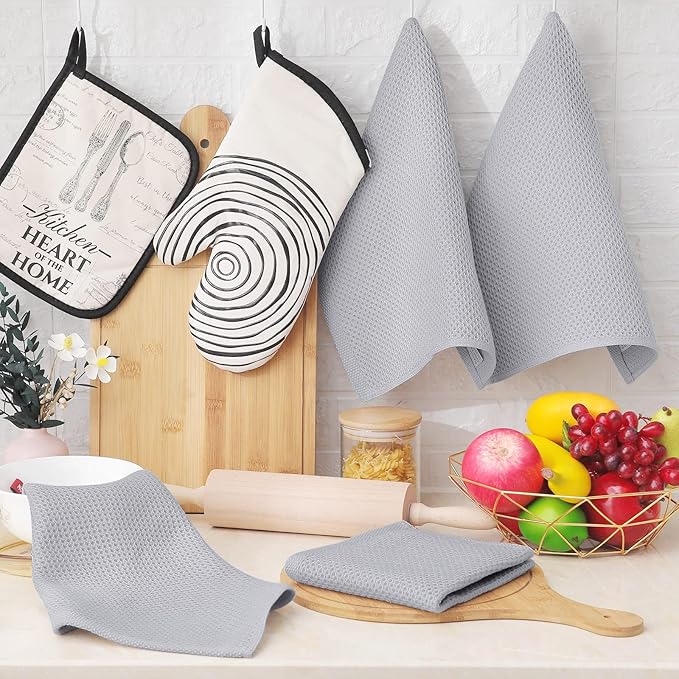 Homaxy 100% Cotton Waffle Weave Kitchen Dish Cloths, 7-Pack Ultra Soft Absorbent Dish Towels, Quick Drying Dish Rags, 12 x 12 Inches, Light Gray