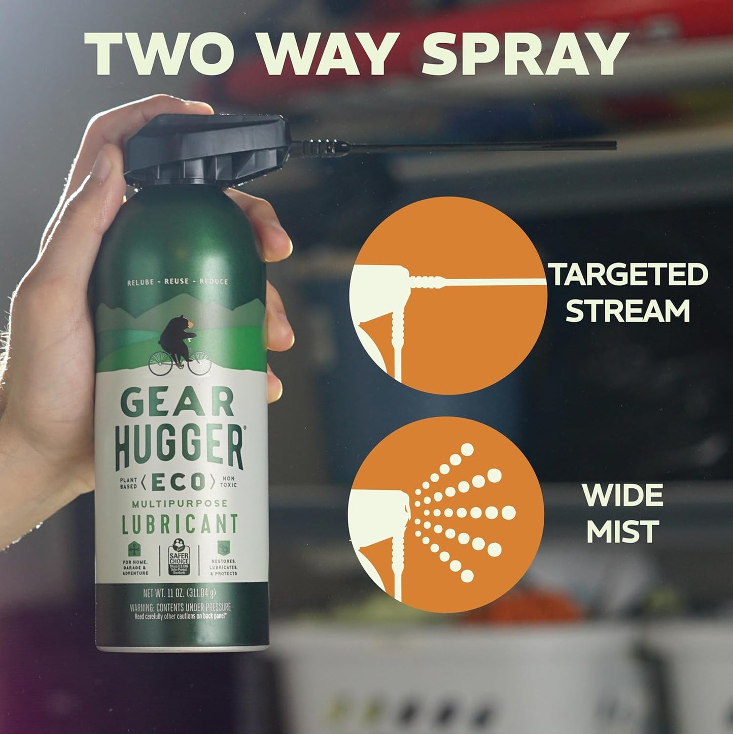 Gear Hugger Multipurpose Lubricant - Eco-Friendly (11 oz, Pack of 2), Rust Remover - Garage Door Lubricant Spray, Door Hinge Lubricant & Lock Lubricant - Plant-Based, No Petroleum, No PTFE