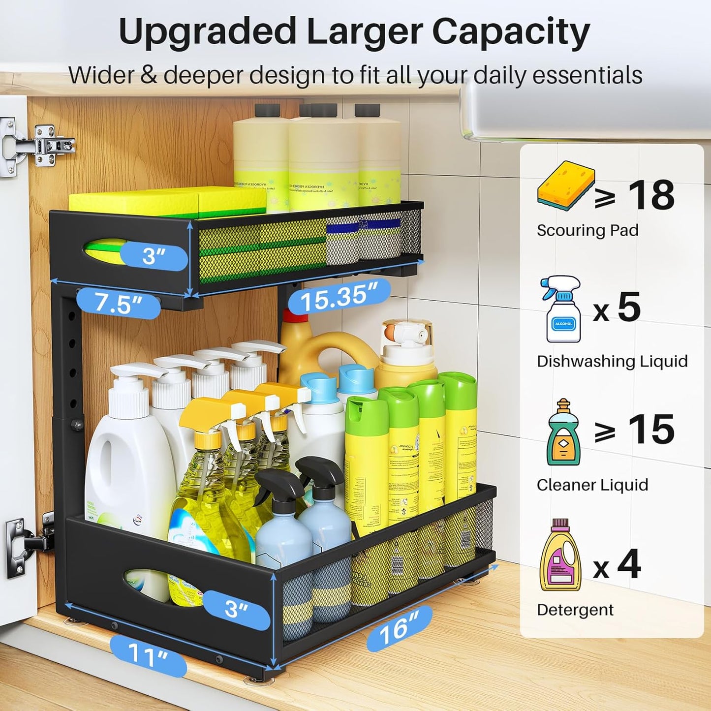 Under Sink Organizer, 2 Pack 2 Tier Pull Out Under Cabinet Organizer Shelf with Pad for Framed Cabinets, Metal Slide Out Under Sink Storage, Mesh Sliding Drawers for Kitchen Bathroom Laundry, Black