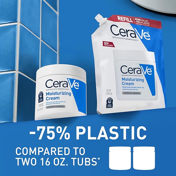CeraVe Moisturizing Cream, Body and Face Moisturizer for Dry Skin, Body Cream with Hyaluronic Acid and Ceramides, Daily Moisturizer, Oil-Free, Fragrance Free, Non-Comedogenic, 16 Ounce Refill