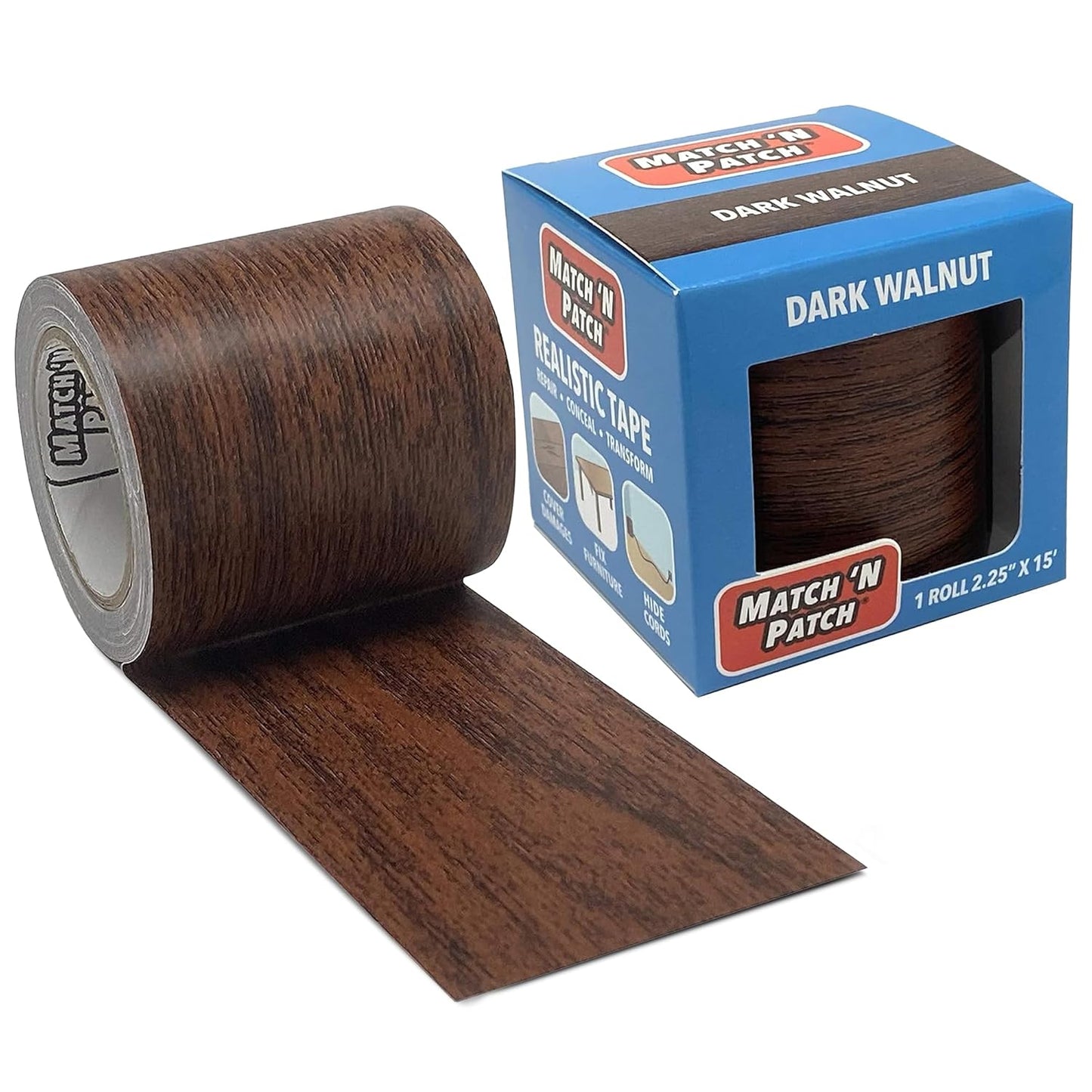 MATCH 'N PATCH Realistic Wood Grain Repair Tape - Durable Multi-Use Adhesive Tape for Furniture, Floors, Cabinets, Windows, Doors, RV, Home Decor & DIY Projects - Dark Walnut, 2.25 in x 15 feet