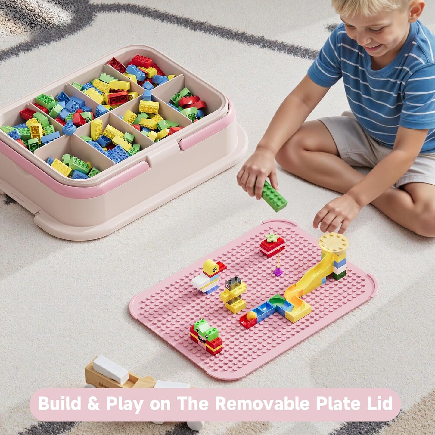 Toy Storage Organizer Box with Handle, Stackable Building Block Toy Box with Building Plate Lid & Removable Sorting Trays, Cubby Bins and Containers 2 Layer (Pink)