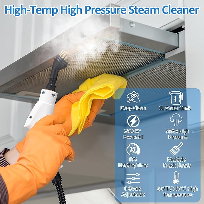 Spurgehom Handheld Steam Cleaner, 15s Heat-Up 1L Tank Portable Steam Cleaner, 2500W High Temperature Multipurpose Steamer for Cleaning, 6 Gears Adjustable Handheld Steamer for Home, White
