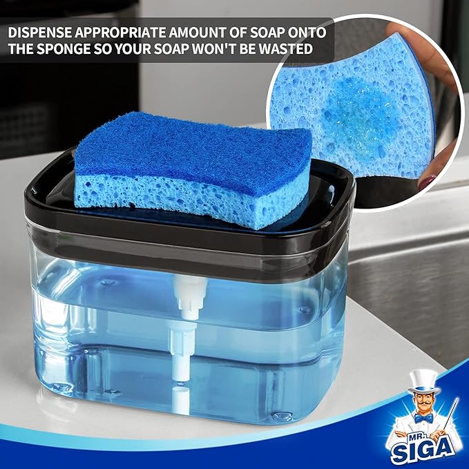 MR.SIGA Dish Soap Dispenser for Kitchen,2 in 1 Premium Sponge Holder, Dishwashing Soap Pump Dispenser for Countertop, Black