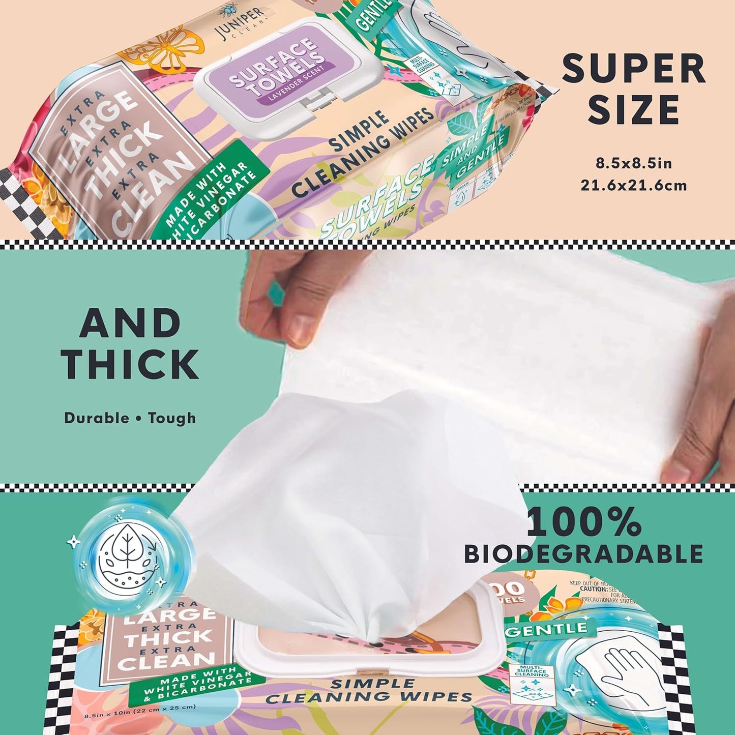 Single Surface Cleaning Wipes Bleach Free, Thick & Large Dispose, All-Purpose Cleaner for Bathroom, Kitchen, Office, 100 Count Soft Flow, Biodegradable, Lavender Scent