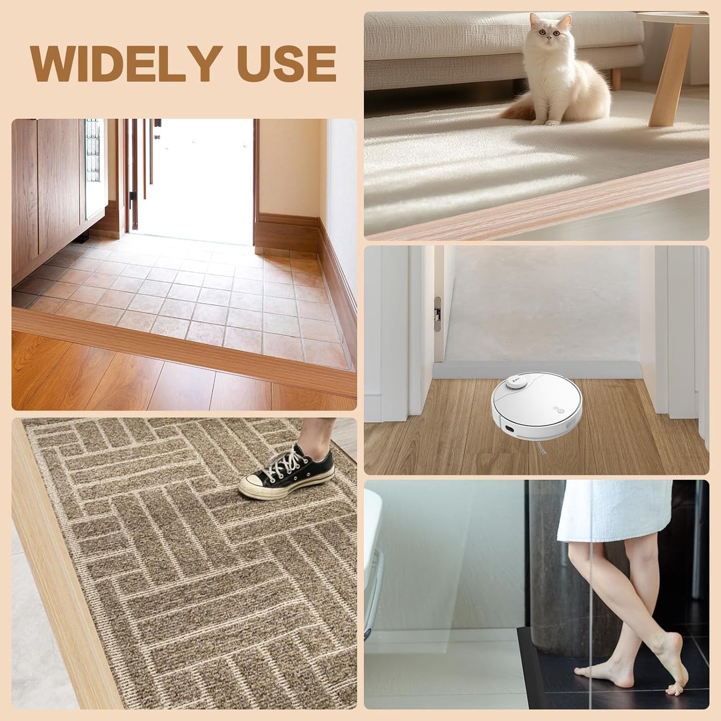 Floor Transition Strip Vinyl Door Threshold Ramp Self Adhesive Carpet Edging Strip Doorway Edge Trim, Overlap Edge Reducer for Laminate Carpet, Floor, Tile (Brown Wood Grain, 2/5" to 3/5", 3.3Ft)