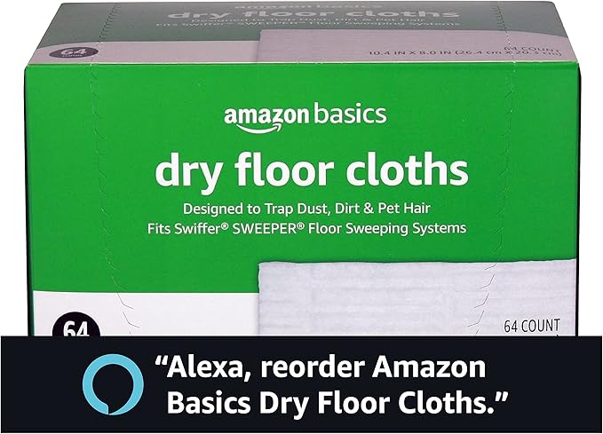 Amazon Basics Dry Sweeping Cloths for Floor Cleaning, Pet Hair, Dust, Dirt, Multi-Surface, Disposable, Fits Swiffer Sweeper Mop Heads, 64 Count