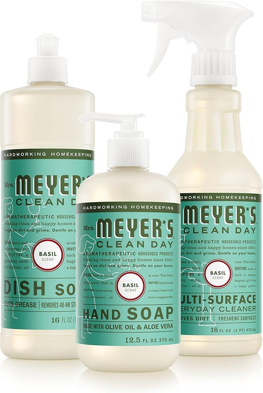 Mrs. MEYER'S Clean Day Kitchen Basics Gift Set, Basil Scent Cleaning Supplies, includes Dish Soap, Hand Soap and Multi Surface Cleaner