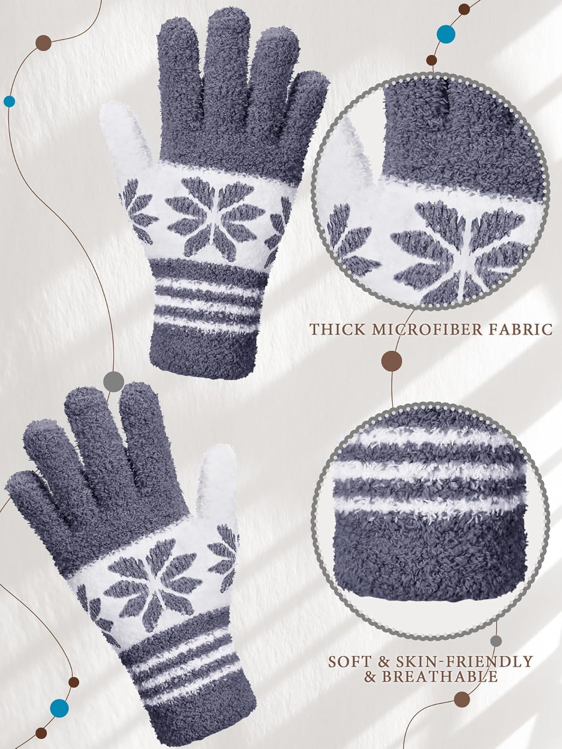 Patelai 3 Pairs Microfiber Plant Dusting Gloves Leaf Cleaning Gloves for Indoor Plants, Blinds, Furniture, House(Large,Snowflake Dark Blue, Gray, Khaki, White)