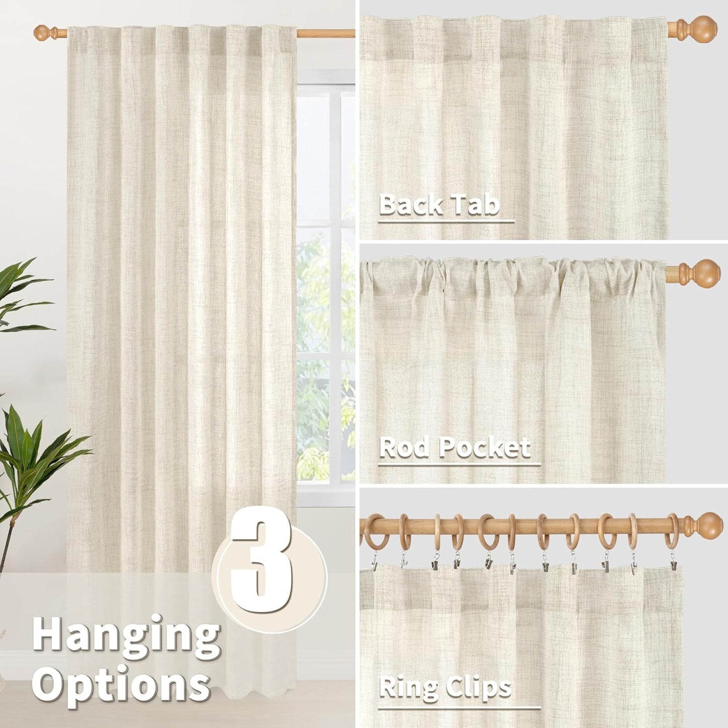 YoungsTex Linen Curtains 90 Inch Length for Living Room, Light Filtering Semi Sheer Window Drapes Rod Pocket Back Tab Curtain for Bedroom Dining Room Office Privacy, 2 Panels, 52 X 90 Inch