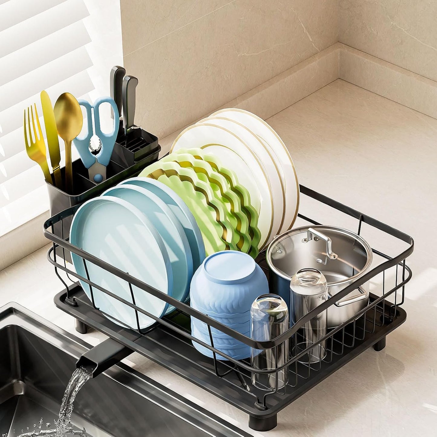 Iron Dish Drying Rack Auto Drain Dish Drainers Kitchen Counter Strainer with Draining Tray, All Black
